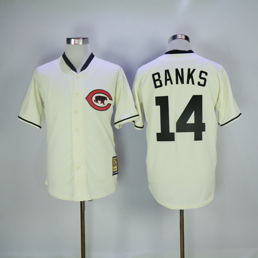 Men Chicago Cubs 14 Banks Cream Throwback MLB Jerseys